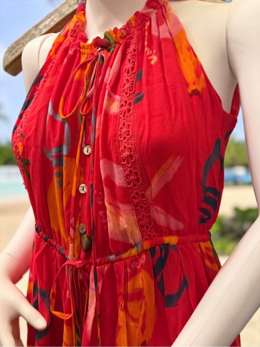 FARM Rio Mixed Fruits Ocean Maxi Dress Tropical Tiered Ruffle Sz L NWOT - Picture 3 of 6